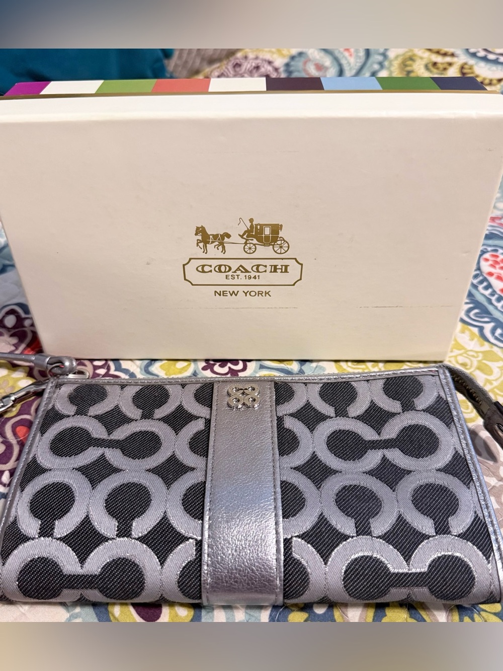 Coach Metallic Silver and Black Signature Wristlet Clutch